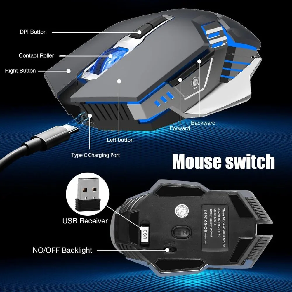 Bluetooth Mouse, Wireless Gaming Mouse with 800mAh Rechargeable Battery, 3 Modes
